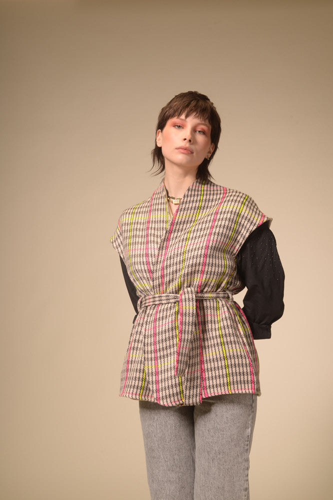 Kimono sans manches tartan tissé Manali
