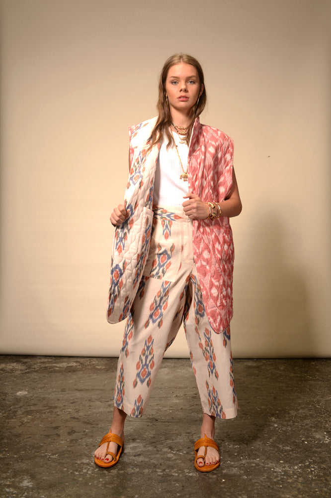 Kimono sans manches réversible crème rose Ikat