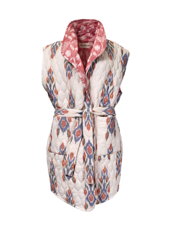 Kimono sans manches réversible crème rose Ikat