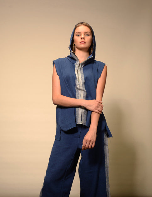 Hoodie à capuche zippé à carreaux indigo Durga