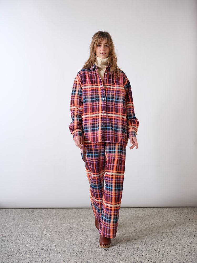 Sur-chemise en tartan velours côtelé rose Corduroy