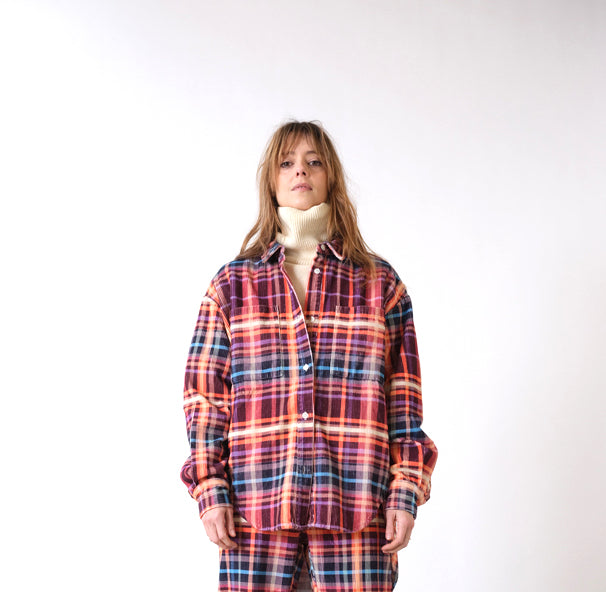 Sur-chemise en tartan velours côtelé rose Corduroy